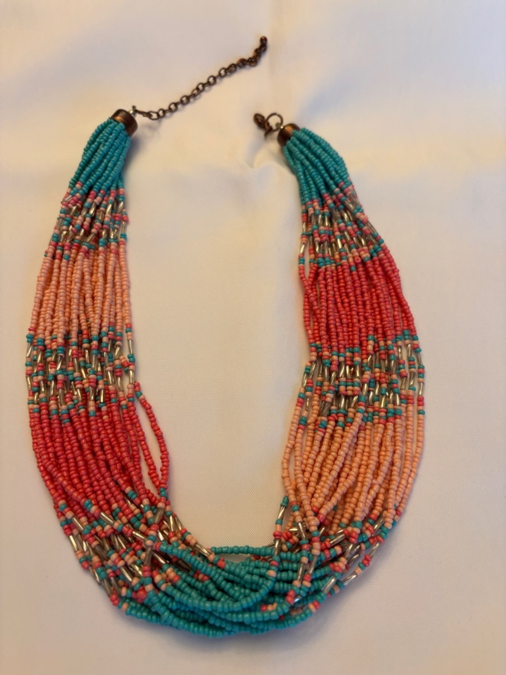 Multistrand Beaded Statement Necklace in Turquoise, Coral & Peach